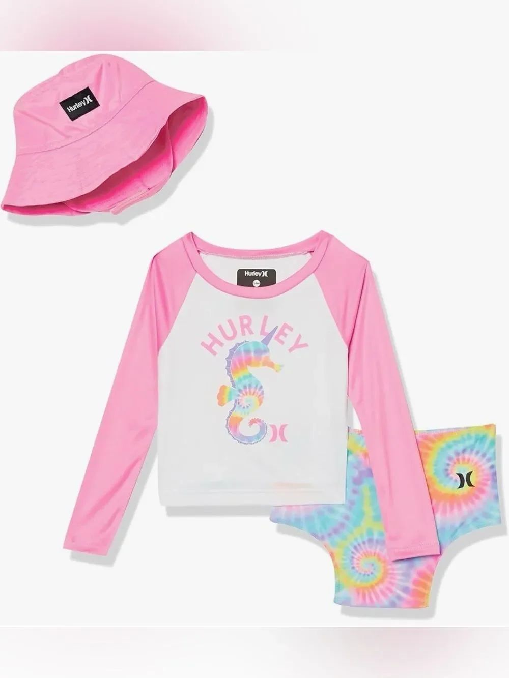 Hurley Toddler Girls' Pink Seahorse Rash Guard Set Tie-Dye Bottoms & Hat, NWT